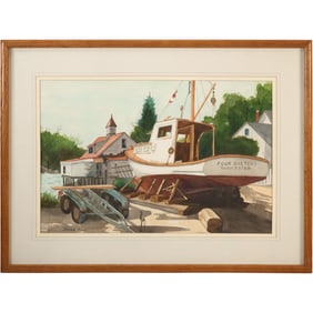 James Ryan, Quality Watercolor Painting Fishing Boat on Dry Dock, "Four Sisters Gloucester"