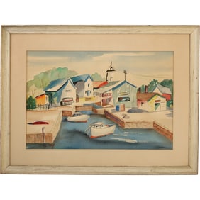 I B Bachelor, Vintage Watercolor Painting, Boats in a Village Harbor