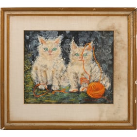 Dorothy Kaplan Vintage Oil Painting 2 White Cats Playing with Ball of Yarn