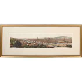 Vincenzo Volpi, Framed Color Pring, Pencil Signed and Numbered I/X, View of Florence, Bio on Verso