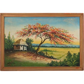 Peurto Rico , Vintage Framed Oil on Canvas Painting, Hut in Landscape