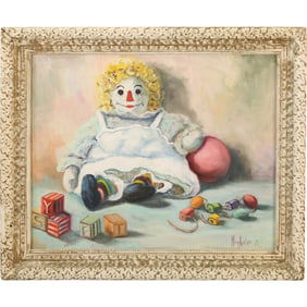 Mary Kocher 1971, Oil on Board Painting,  framed painting depicting a clown doll with toys.