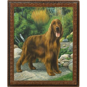 Artist Signed 20th C. Oil on Canvas Painting of an Irish Setter Dog in Landscape, Framed