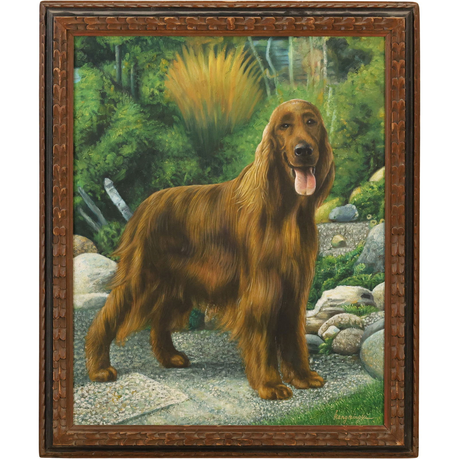 Artist Signed 20th C. Oil on Canvas Painting of an Irish Setter Dog in Landscape, Framed (1 of 16)