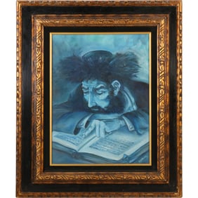 Signed Connie, Oil on Board Painting Rabbi Reading a Book of Scripture, Framed