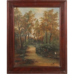 Antique Oil on Canvas Painting, Path Through The Woods, Artist Signed in Monogram, Framed