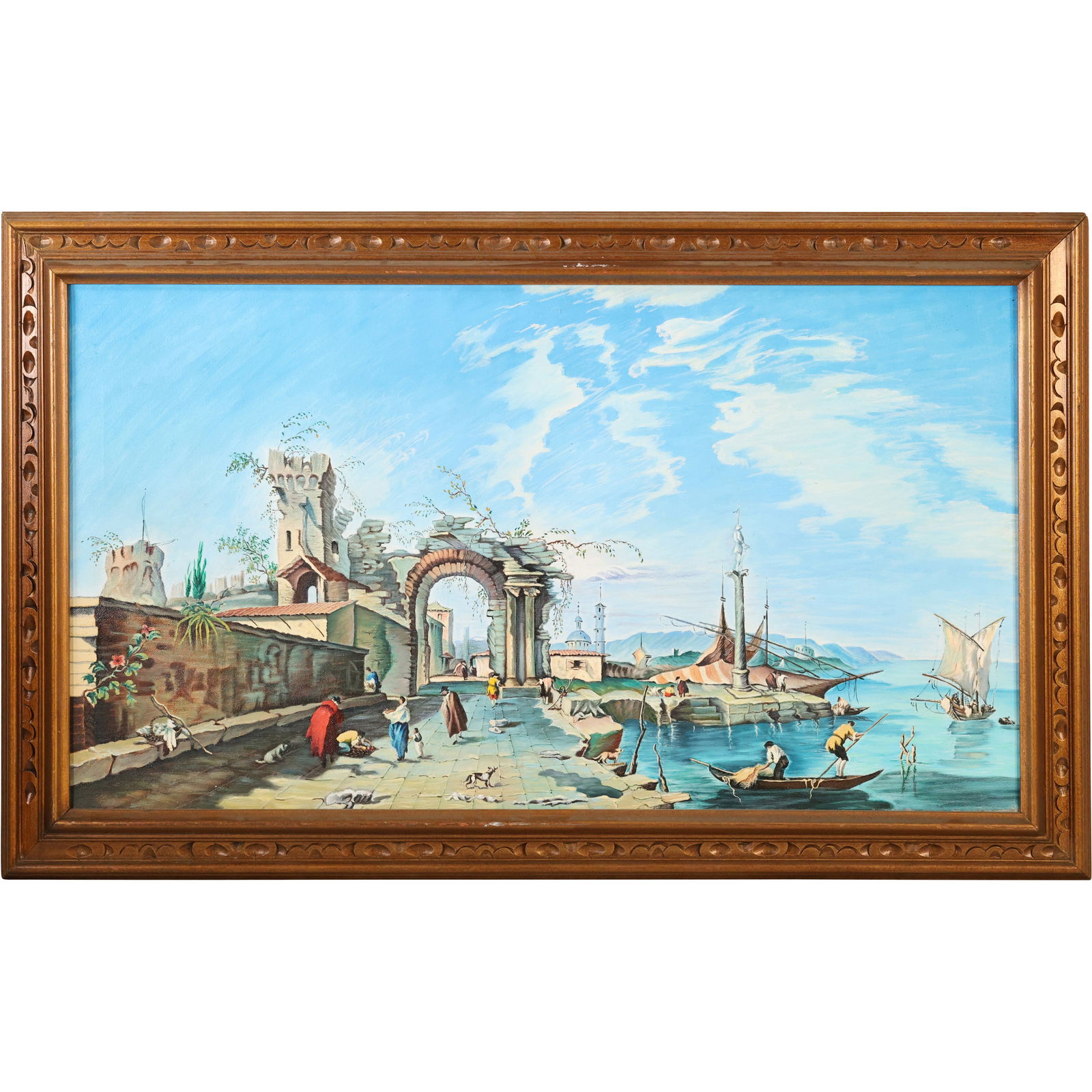 After Francesco Guardi Italian, Oil on Canvas Painting by G Gierke, Port Scene, Framed: After Francesco Guardi Italian, Oil on Canvas Painting by G Gierke, Port Scene, Framed. size: 22 x 40 , outside of frame: 27 x 46