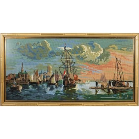 Large Framed Peti Point Needlepoint of a Port Scene with Ships