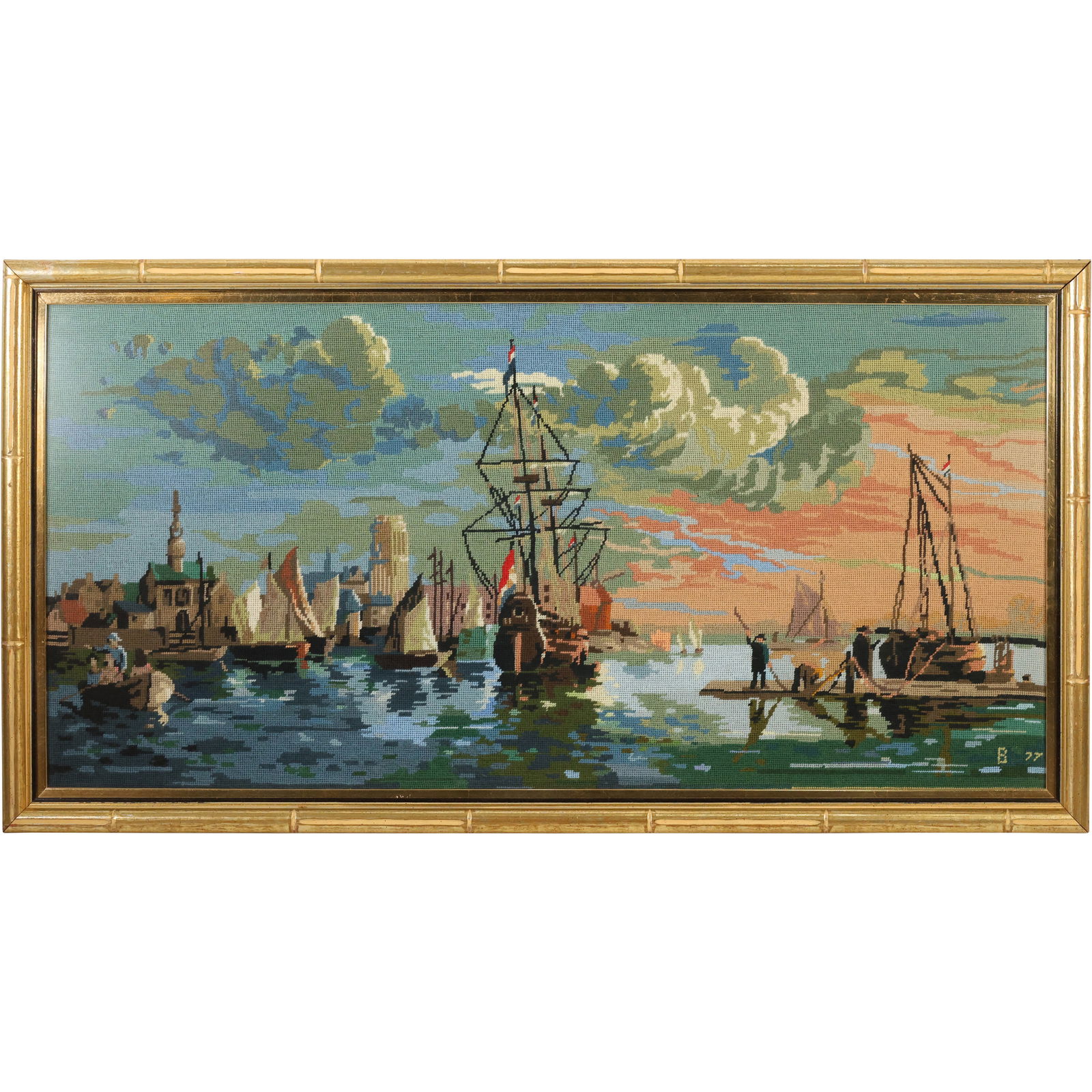 Large Framed Peti Point Needlepoint of a Port Scene with Ships (1 of 16)