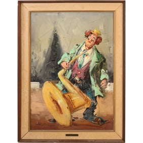 G Rosati, Oil on Canvas Painting, Clown Playing a Tuba Instrument, Framed