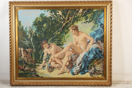 Vintage Peti Point Needlepoint Two Nudes in Landscape, Framed