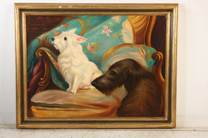 Vintage Oil painting two dogs: a white terrier-type dog perched on a richly upholstered arm chair