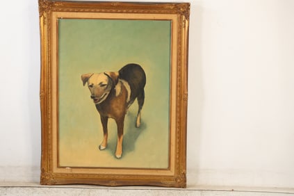 Vintage Oil on Canvas Painting of a Dog, Framed