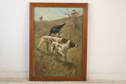 chromolithograph titled "Hunting Dogs" or "A Good Point"  American artist Marie Guise Newcomb, 1893