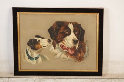 A Lawton, Oil painting on Canvas of two dogs: a large Saint Bernard and a smaller terrier-type dog