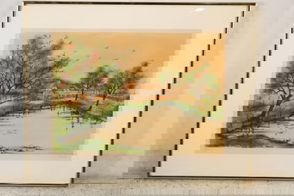 Artist Signed and Numbered 246/275 Color Lithograph Landscape, Homes, Pond, Framed