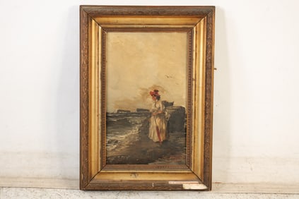 19th C. Oil on Board Painting Woman at The Sea Coast Holding an Umbrella, Framed