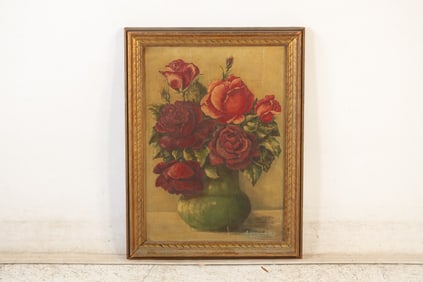 Vintage Oil Painting on Board Still Life Roses in a Vase, Framed