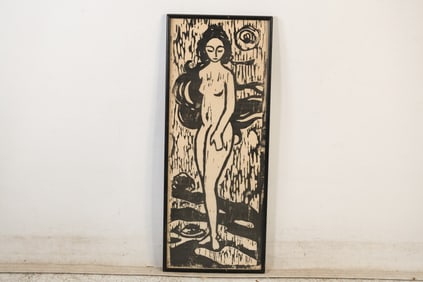 Vintage Framed Woodblock, Standing Nude Female Circa 1950s