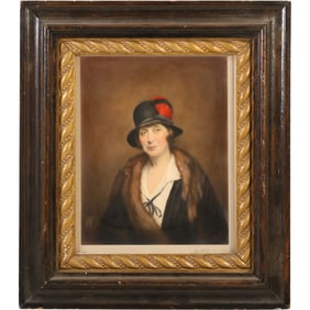 Circa 1920s Oil Painting Portrait of an Aristocrat Woman Wearing a Hat