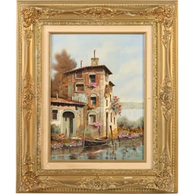 Guido Borelli (Born 1952) Italy, Oil on Canvas Painting, Italian Coastal Villa, Nice Framing