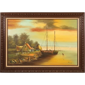 Signed Fred, Oil on Canvas Painting , Italian Seascape with Fishing Boats At Shore