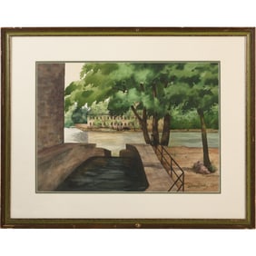 Vernon L Good, Watercolor Painting, canal with a stone building and bridge in the background
