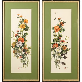 pair of vintage Chinoiserie floral artworks framed in gold molding frames