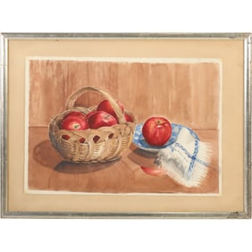 D J Manning, Watercolor Painting, "Apple A Day" Signed, Label on Verso