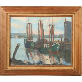 Circa 1950s Oil on Canvas Painting Fishing Boats at The Dock