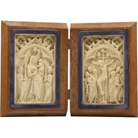 2 museum reproduction of a 14th Century French ivory diptych, featuring the Virgin and Child on one