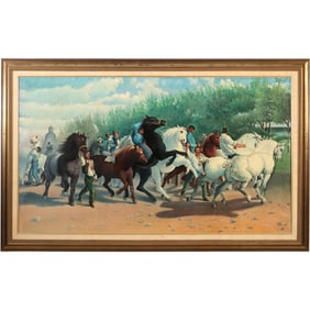 Oil painting titled The Horse Fair by French realist artist Rosa Bonheur copy by G Gierke
