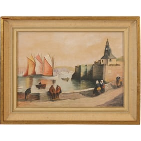 Signed Stephanes, Vintage Watercolor Painting, Port Scene with Boats, Framed