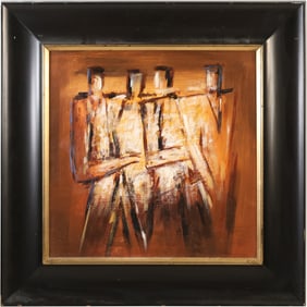 20th C. Framed Oil Painting of Modernist Figutes, COA on Verso