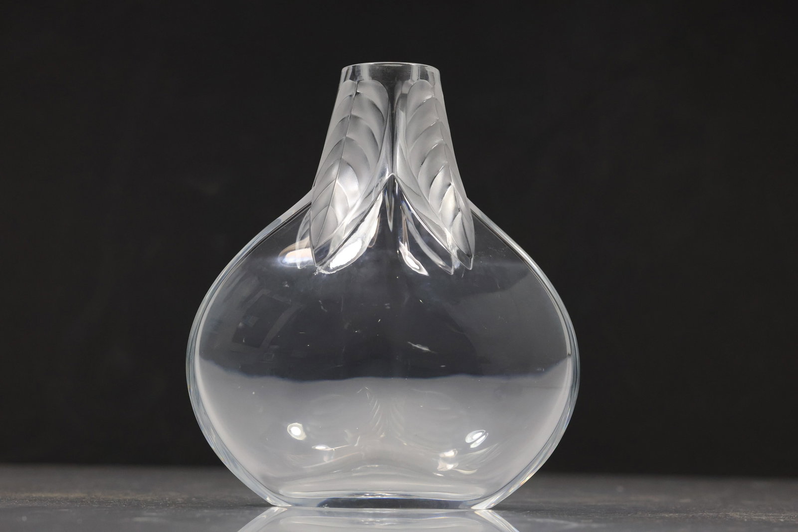 Lalique France Clear & Frosted Glass Osumi Vase. 6.75 in. height x 5.5 in. wide: Lalique France Clear & Frosted Glass Osumi Vase. 6.75 in. height x 5.5 in. wide; Scratch flaw on side See Picture. size: 6.75 h 5.5 w S:C
