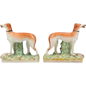 pair of Staffordshire Whippet Porcelain Figurines. 7 in. height x 7 in. length