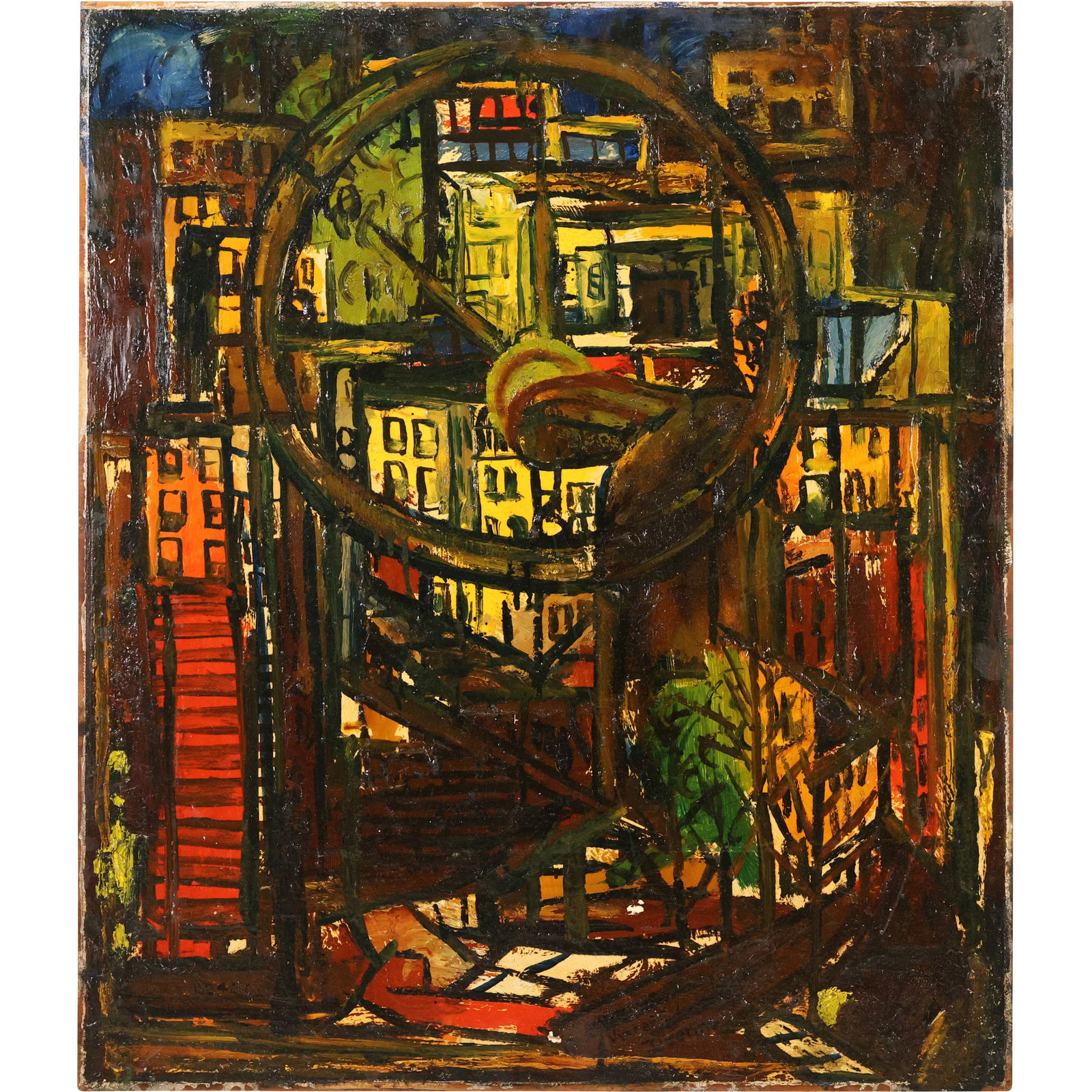 20th C. Copy Oil painting titled "The City" by Fernand Léger: 20th C. Copy Oil painting titled "The City" by Fernand Léger, created in 1919. it is a prime example of Léger's Cubist-inspired style, characterized by fragmented forms, geometric shapes, and a dyna