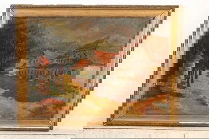 Artist Signed Vintage Oil on Board Painting Village Street with Homes