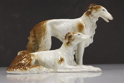 pair of vintage porcelain Borzoi dog figurines, Russian, 6 in. height x 9 in. length