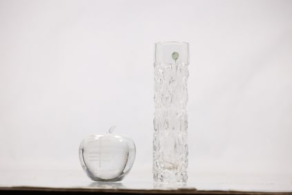 Tiffany & Co. Rock Cut Modernist Lead Crystal Bud Vase.  and Tiffany & Co Crystal Apple