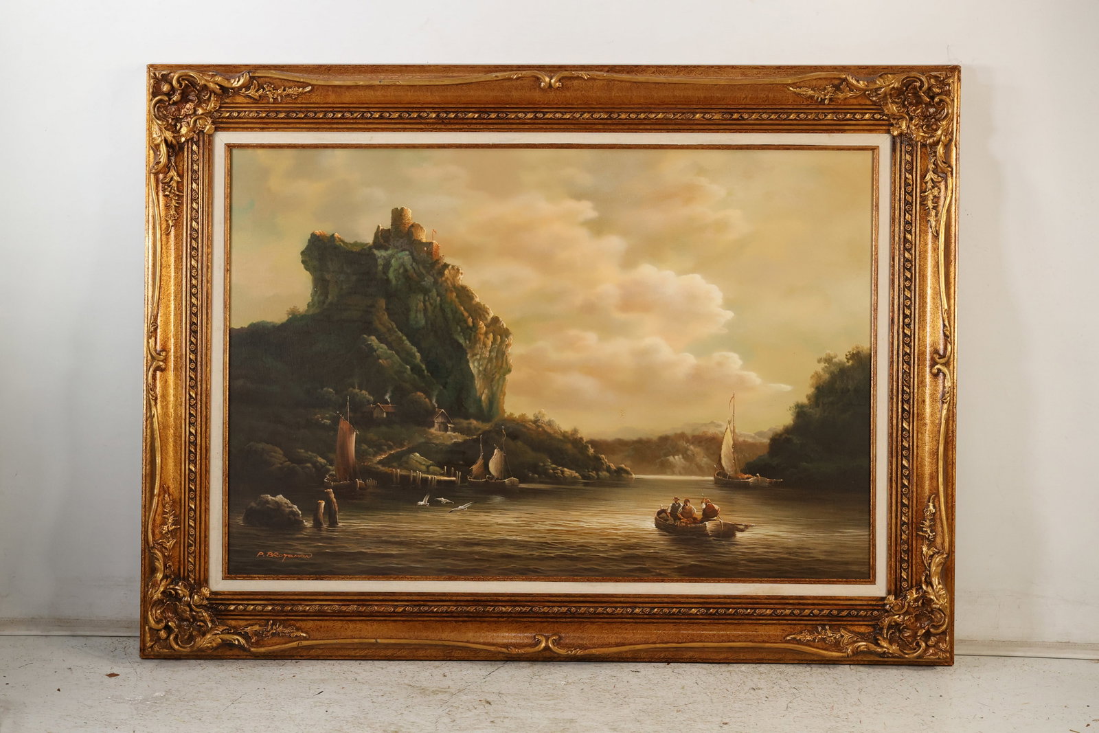 Signed P Brogeman, Oil on Canvas Painting, Coastal Seascape with Boats: Signed P Brogeman, Oil on Canvas Painting, Coastal Seascape with Boats. size: 24 x 36 , outside of frame: 33 x 45 Sfrdg