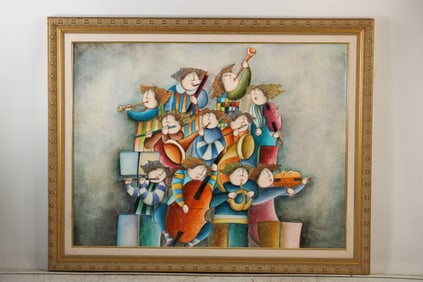 oil painting on canvas by Joyce Roybal, featuring a group of whimsical musicians playing various ins