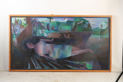 Large Vintage Cubism Modernist Oil on Canvas Painting with Standing Female Woman. 52 in. x 28 in.