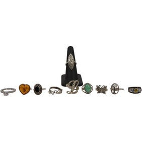 37.5 Grams Total Weight: 10 Sterling Silver Rings Size 4 - Amber, Marcasites, CZ, Spinels, Amethyst