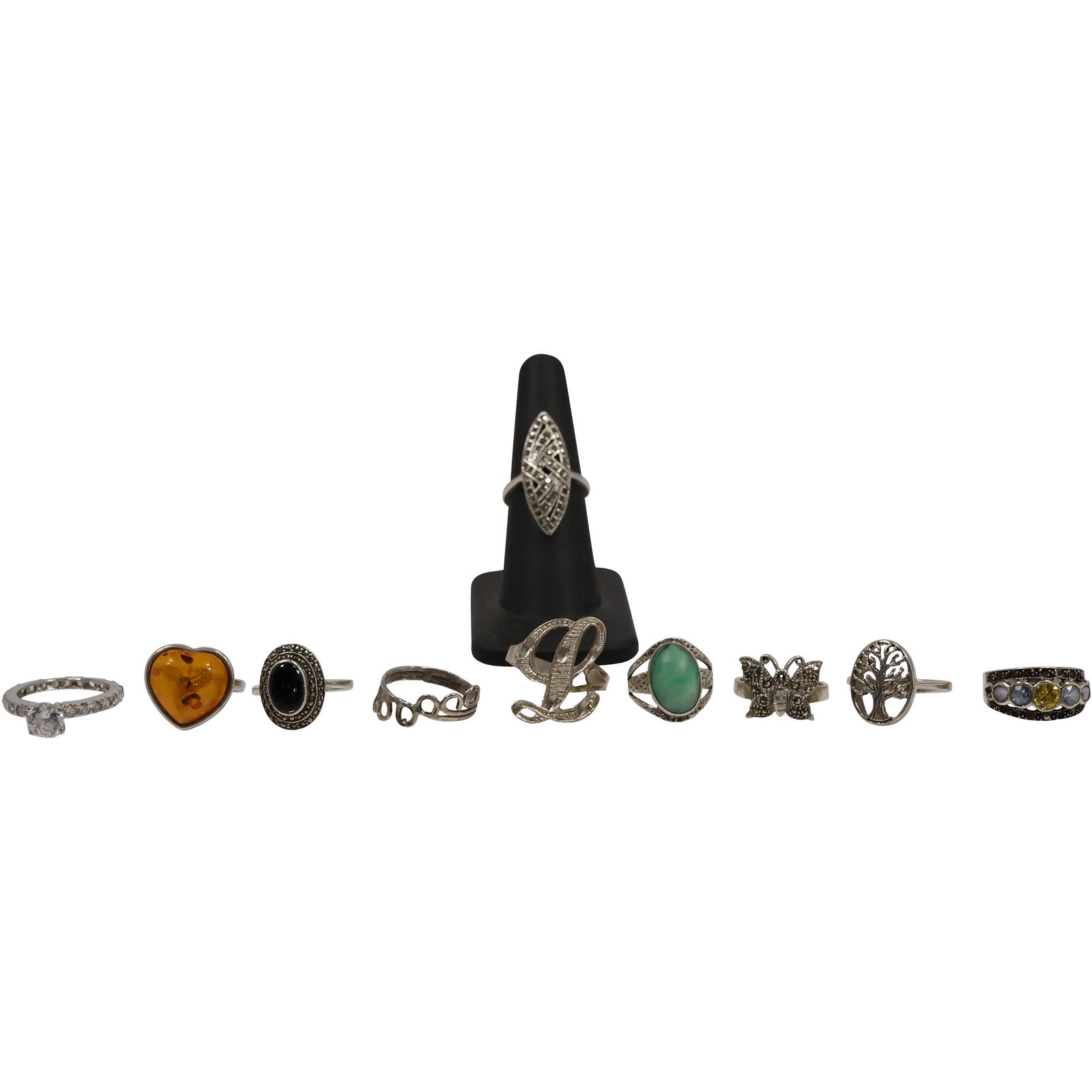 37.5 Grams Total Weight: 10 Sterling Silver Rings Size 4 - Amber, Marcasites, CZ, Spinels, Amethyst: 37.5 Grams Total Weight: 10 Sterling Silver Rings Size 4 - Amber, Marcasites, CZ, Spinels, Amethyst