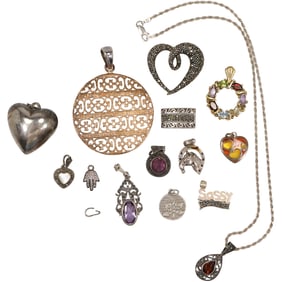 53.3 Grams Total Weight: 16 In. .925 Sterling Rope Chain with 14 Assorted Pendants, See Pictures
