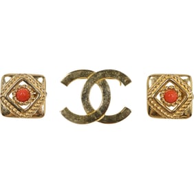 CHANEL Paris Pin 2 in. x 1 1/2 in.; GIVENCHY Gold Tone Square Clip-on Earrings 1 1.8 in. dia.