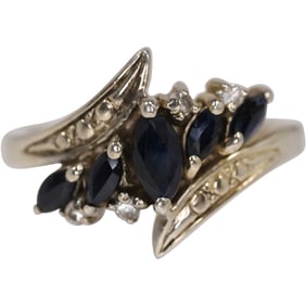 .925 Sterling Silver with 5 Sapphires and 4 Diamonds Flanking Ring Size 8, 7/8 in. x 5/8 in.