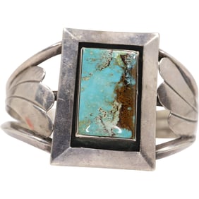 Native American Indian Navajo Sterling Silver and Turquoise Cuff Bracelet with Feather Designs