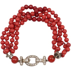 4-Strand Red Glass Beads with CZ Sterling Closure 8 1/4 in. x 1 in.